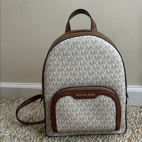 Michael Kors Cream and Brown Monogram Backpack - Picture 1 of 10